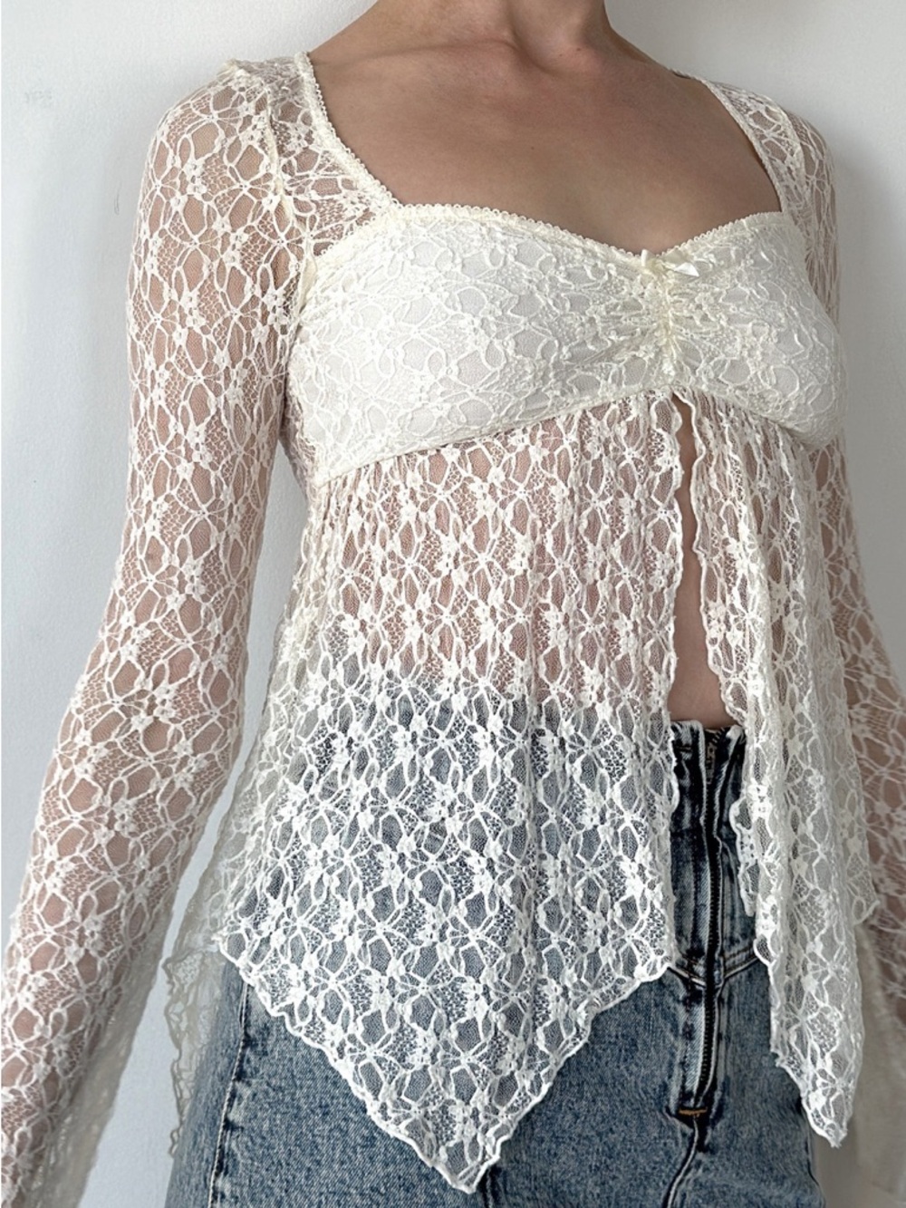 Delicate Ivory Lace Long-Sleeve Tie-Front Top